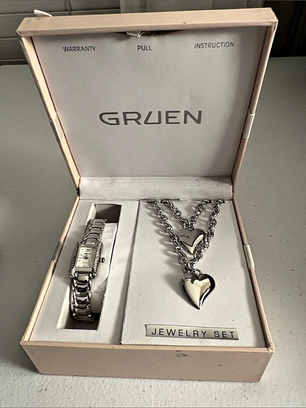 Gruen Watch & Heart Pendant Necklace Silver Like New